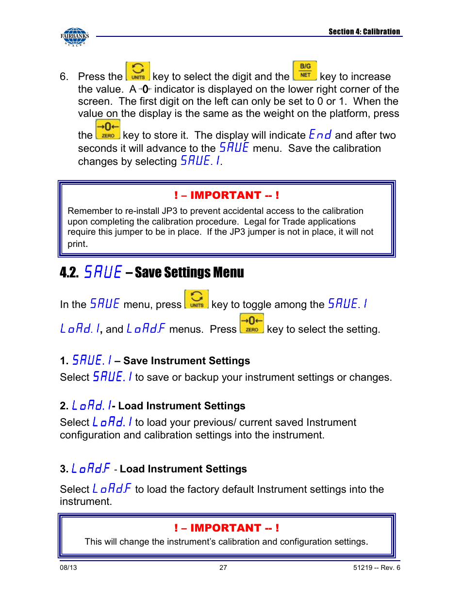 – save settings menu | Fairbanks FB1100 Series Yellow Jacket FS Package (30047, 30048) User Manual | Page 27 / 70