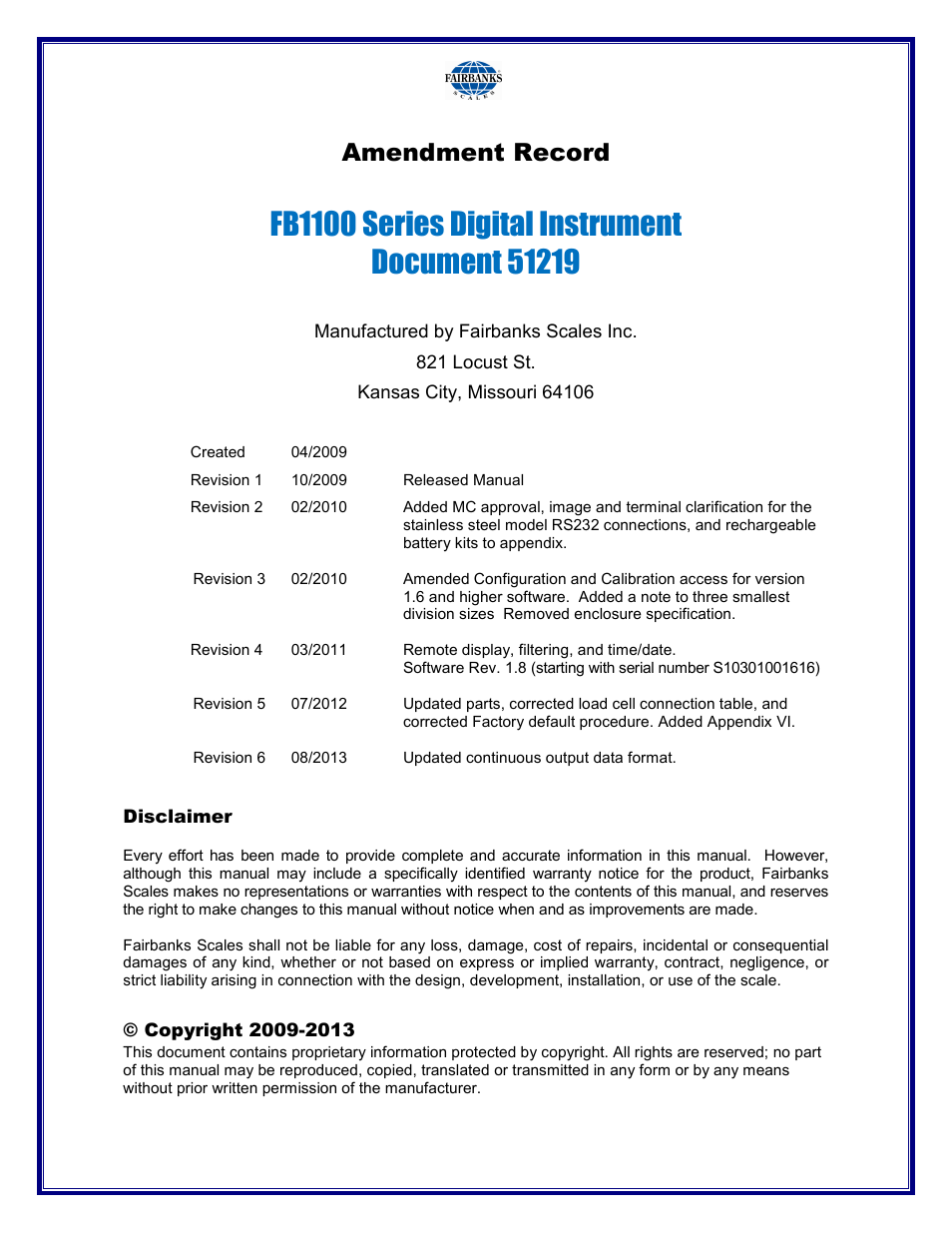 Amendment record | Fairbanks FB1100 Series Yellow Jacket FS Package (30047, 30048) User Manual | Page 3 / 70