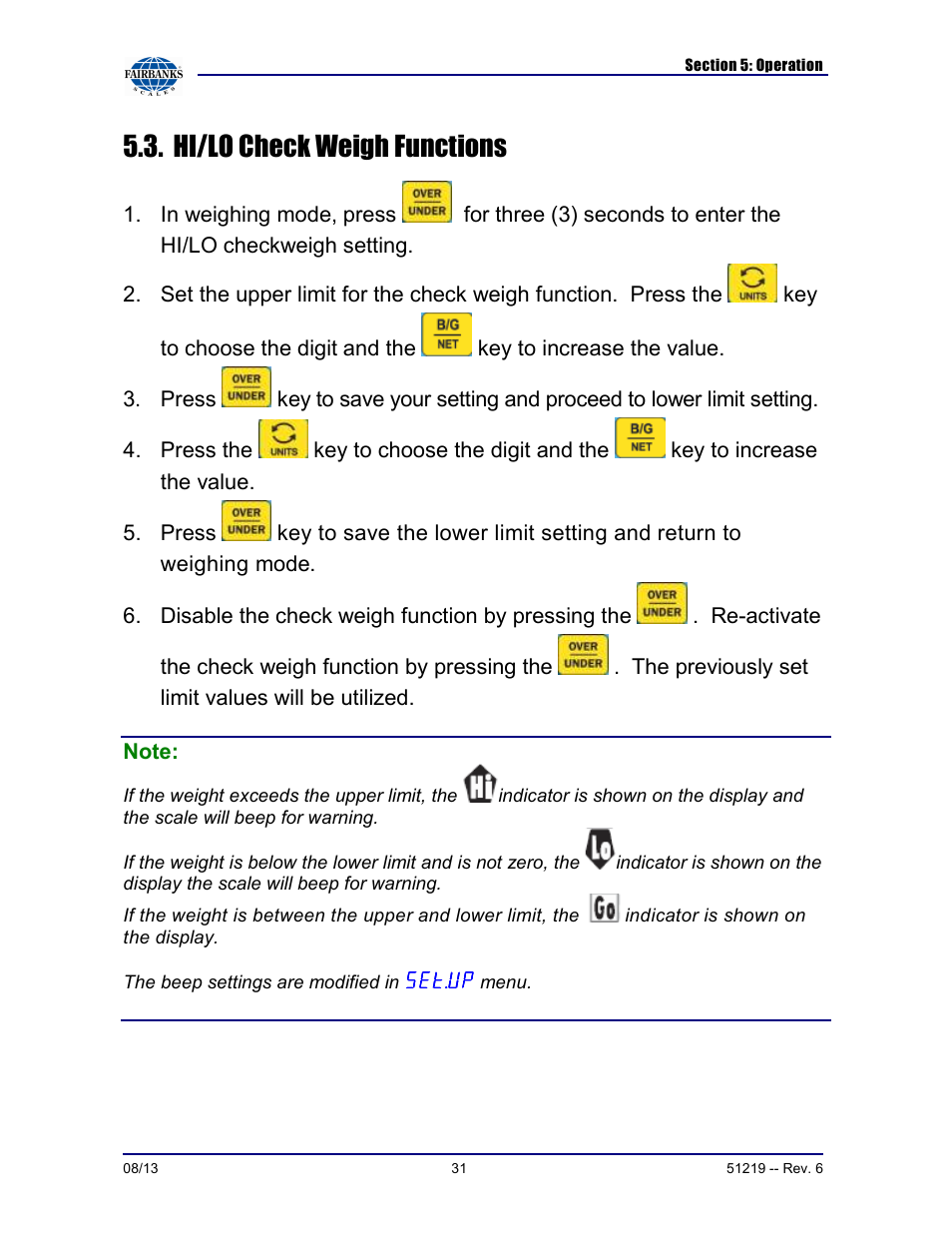 Hi/lo check weigh functions | Fairbanks FB1100 Series Yellow Jacket FS Package (30047, 30048) User Manual | Page 31 / 70
