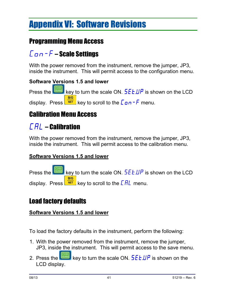 Appendix vi: software revisions, Programming menu access – scale settings, Calibration menu access – calibration | Load factory defaults | Fairbanks FB1100 Series Yellow Jacket FS Package (30047, 30048) User Manual | Page 41 / 70