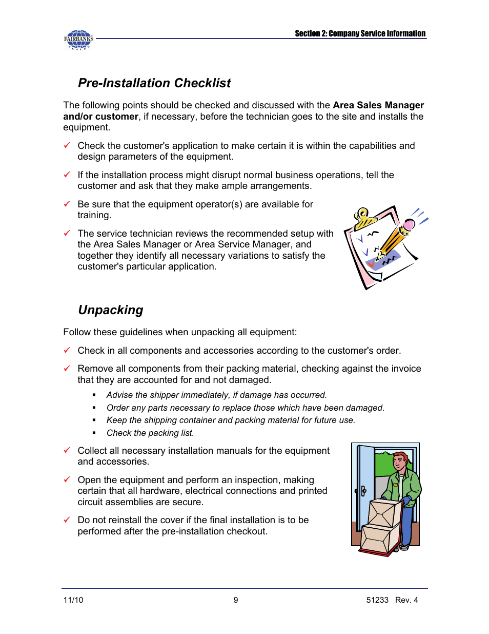 Pre-installation checklist, Unpacking | Fairbanks FB1100 Series Yellow Jacket FS Package (30047, 30048) User Manual | Page 53 / 70