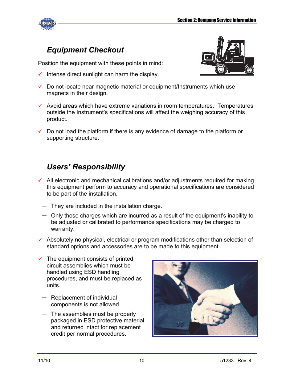 Equipment checkout, Users’ responsibility | Fairbanks FB1100 Series Yellow Jacket FS Package (30047, 30048) User Manual | Page 54 / 70