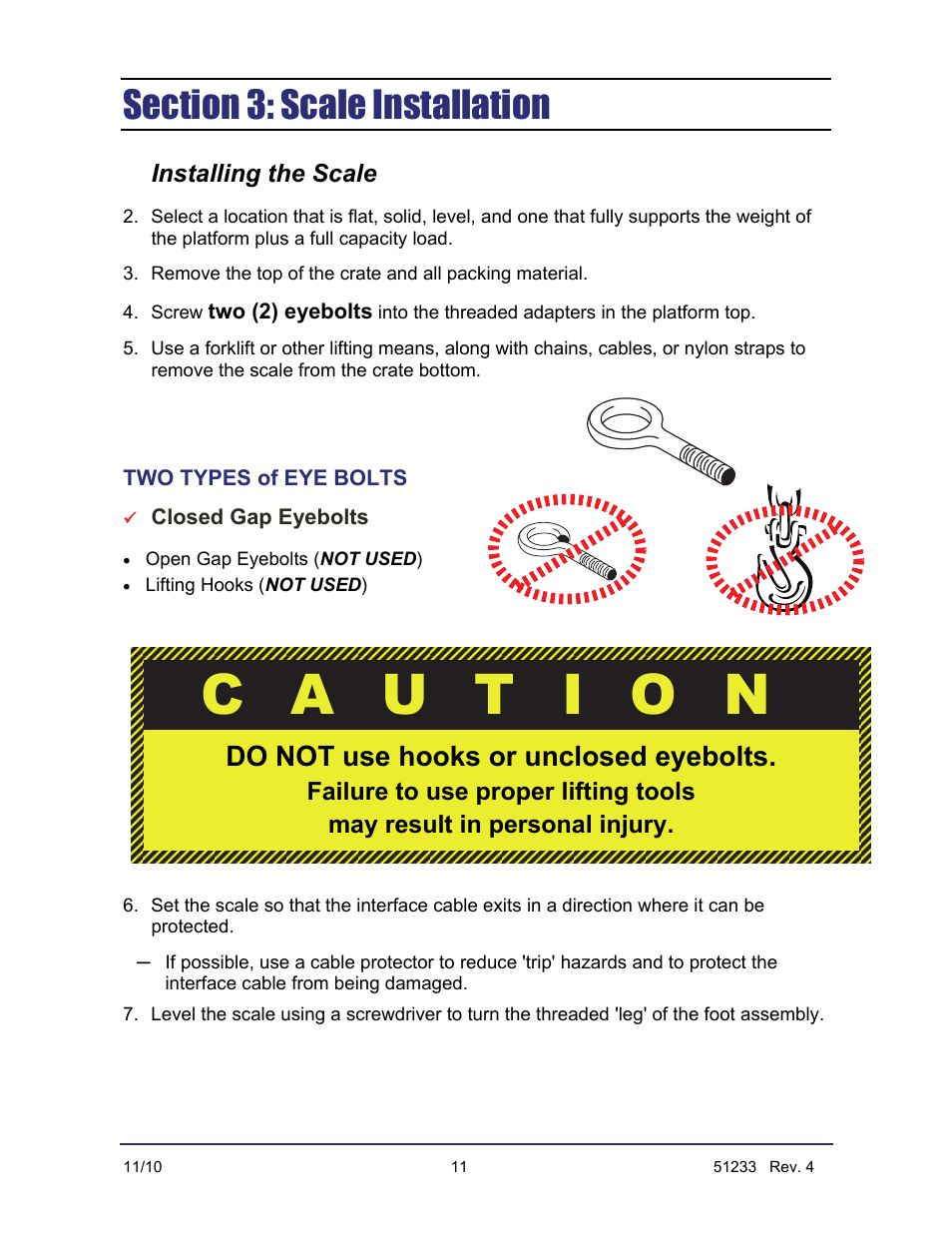 Do not use hooks or unclosed eyebolts, Installing the scale | Fairbanks FB1100 Series Yellow Jacket FS Package (30047, 30048) User Manual | Page 55 / 70