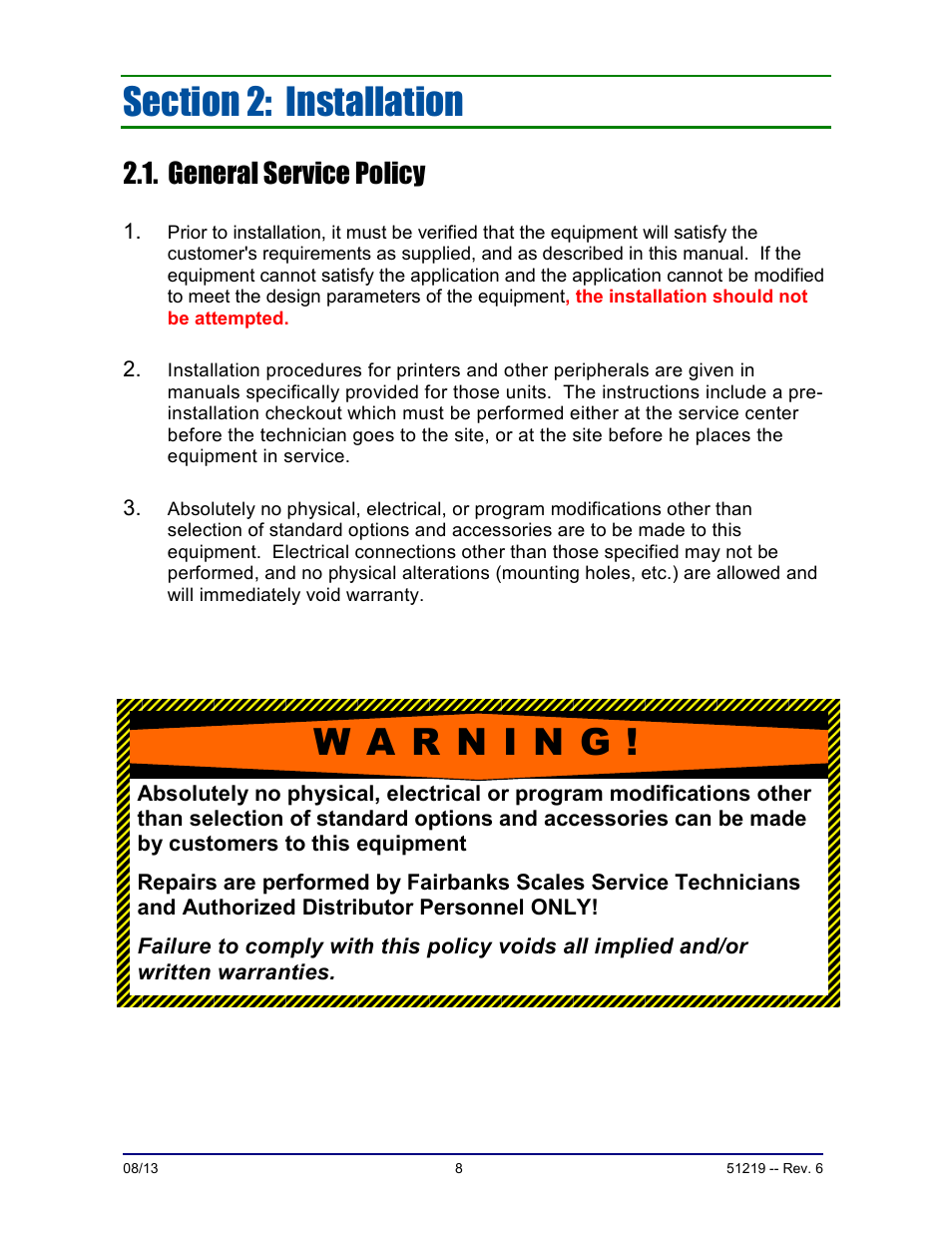 General service policy | Fairbanks FB1100 Series Yellow Jacket FS Package (30047, 30048) User Manual | Page 8 / 70
