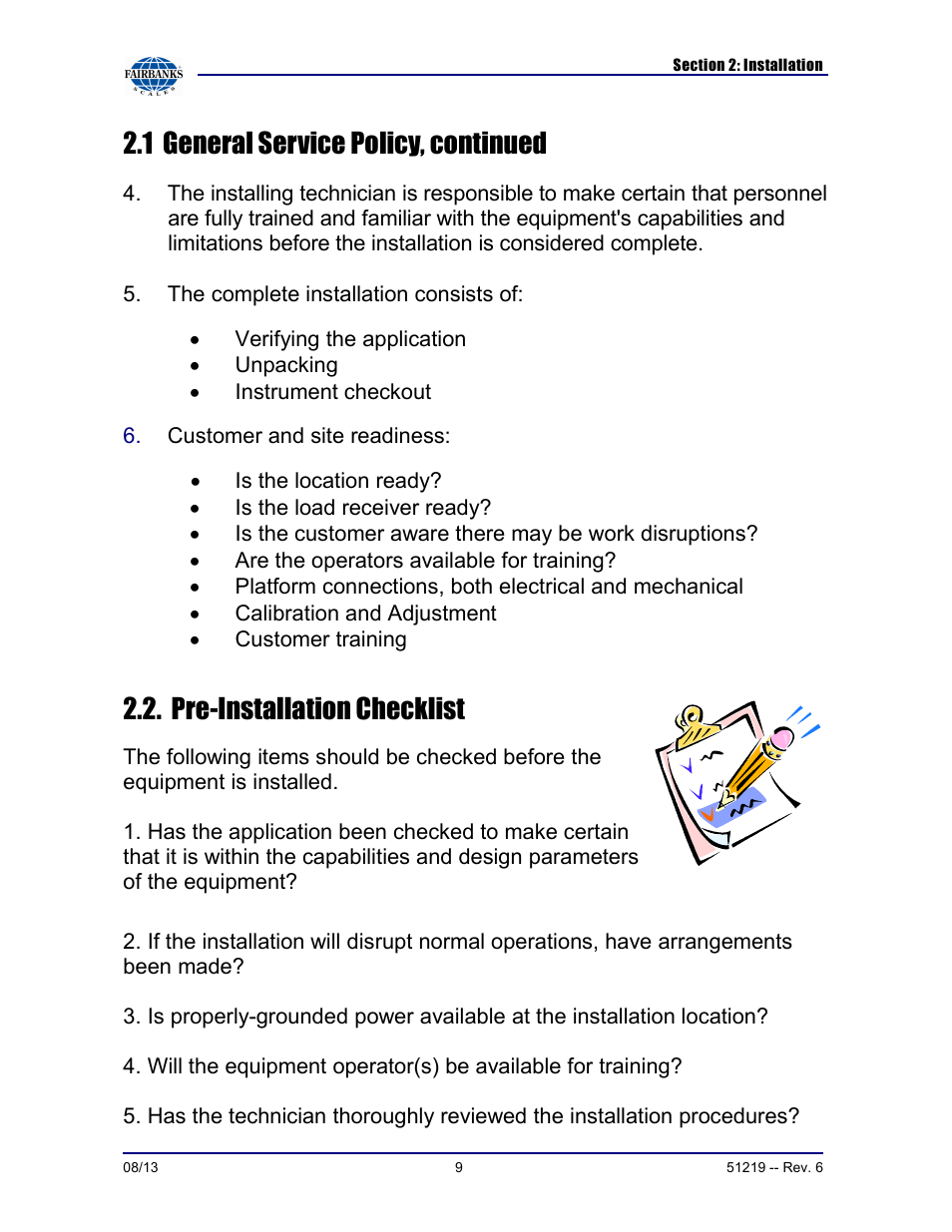 1 general service policy, continued, Pre-installation checklist | Fairbanks FB1100 Series Yellow Jacket FS Package (30047, 30048) User Manual | Page 9 / 70