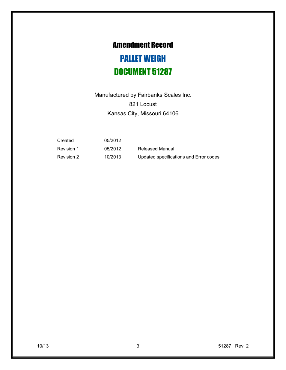 Amendment record | Fairbanks 4100 SERIES Pallet Weigh Plus User Manual | Page 3 / 30