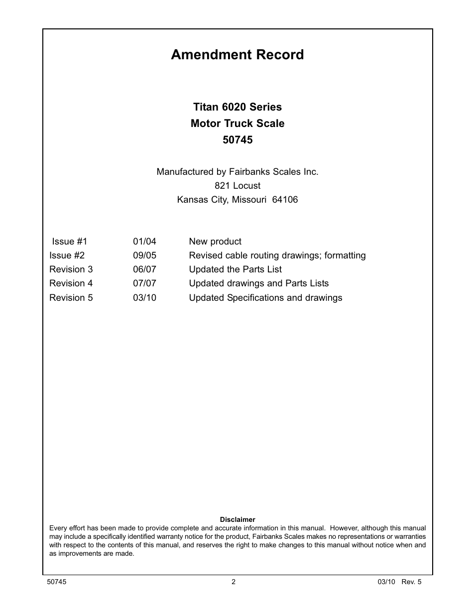 Amendment record | Fairbanks 6020 Series Titan Motor Truck Scale User Manual | Page 2 / 23