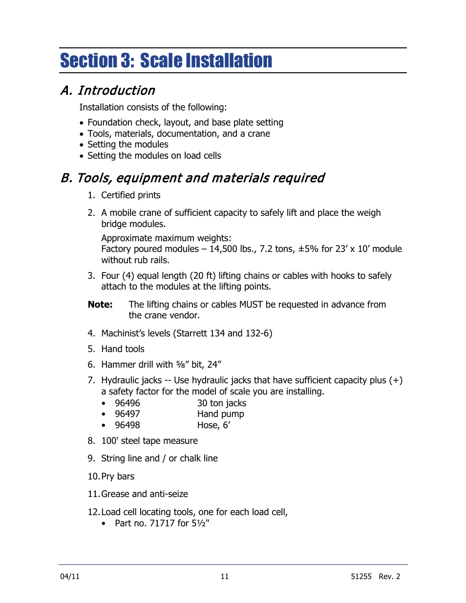 Section 3: scale installation, A. introduction, B. tools, equipment and materials required | Fairbanks Trident Precast Concrete Deck Truck Scale User Manual | Page 11 / 40