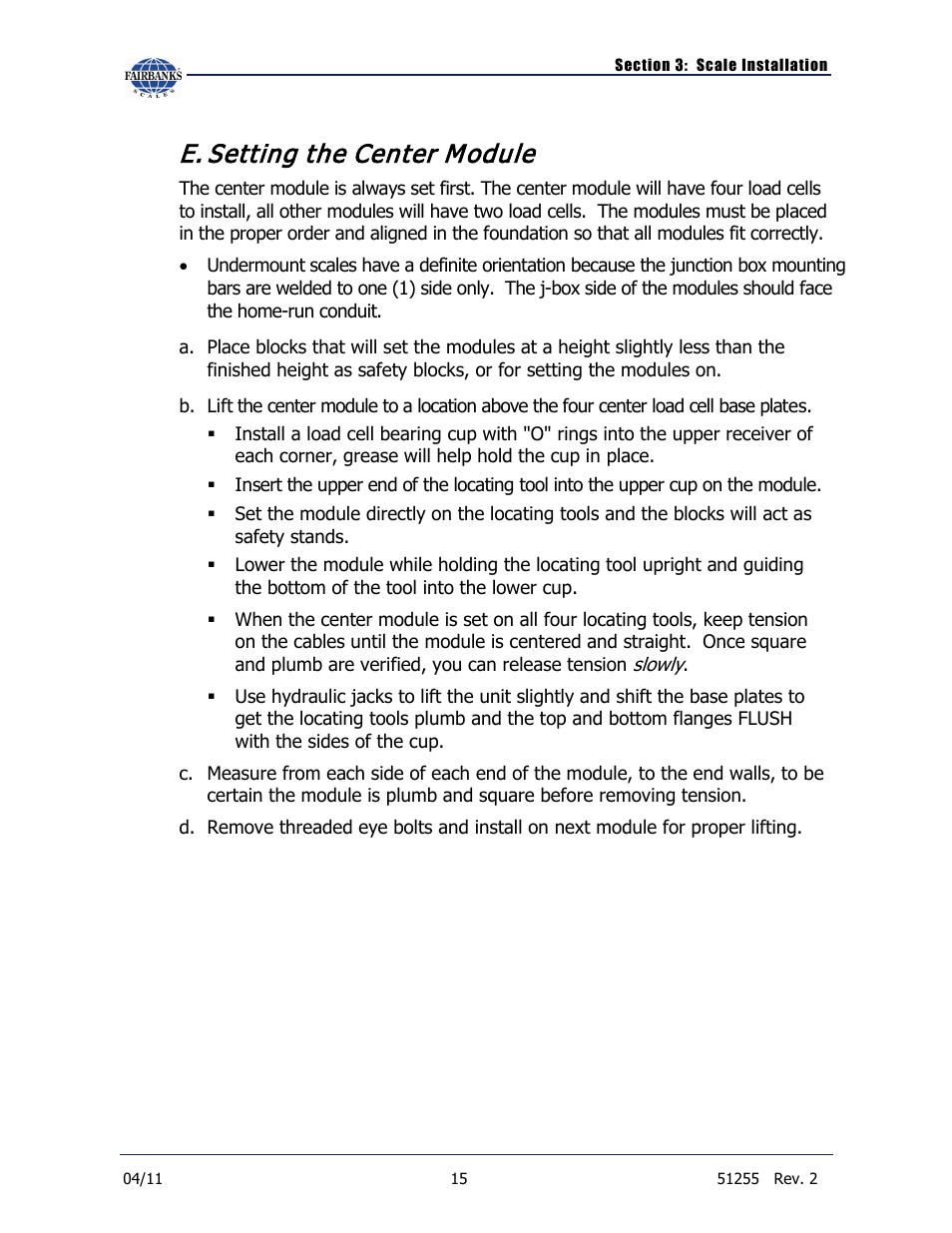 E. setting the center module, Setting the center module | Fairbanks Trident Precast Concrete Deck Truck Scale User Manual | Page 15 / 40