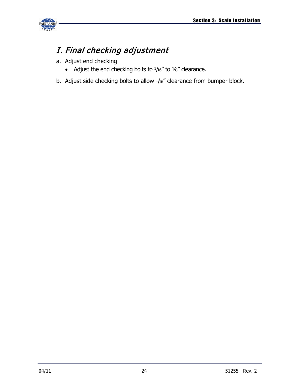 I. final checking adjustment, Final checking adjustment | Fairbanks Trident Precast Concrete Deck Truck Scale User Manual | Page 24 / 40