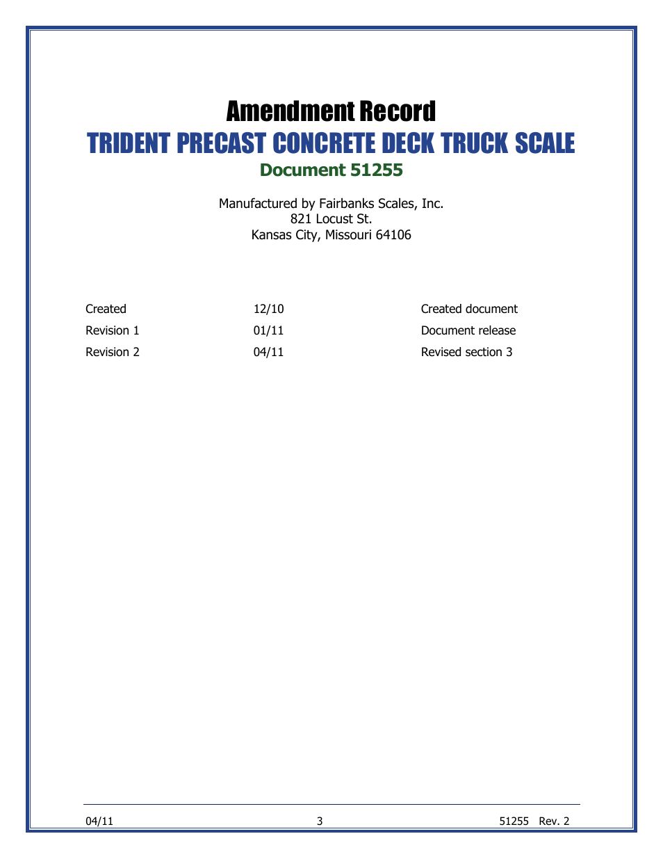 Amendment record trident, Precast, Concrete | Deck, Truck, Scale | Fairbanks Trident Precast Concrete Deck Truck Scale User Manual | Page 3 / 40