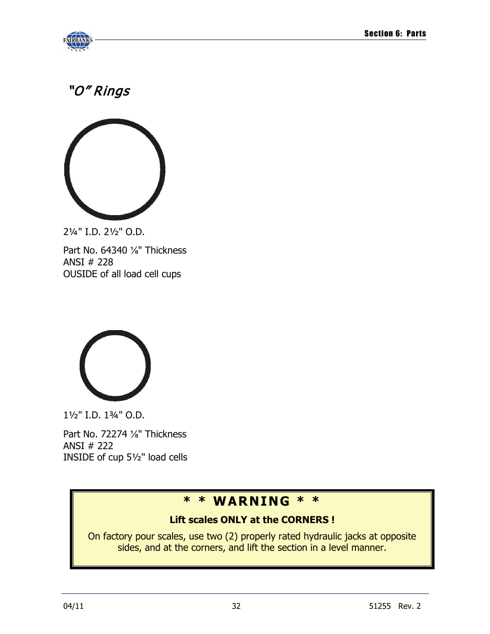 O” rings, W a r ning | Fairbanks Trident Precast Concrete Deck Truck Scale User Manual | Page 32 / 40
