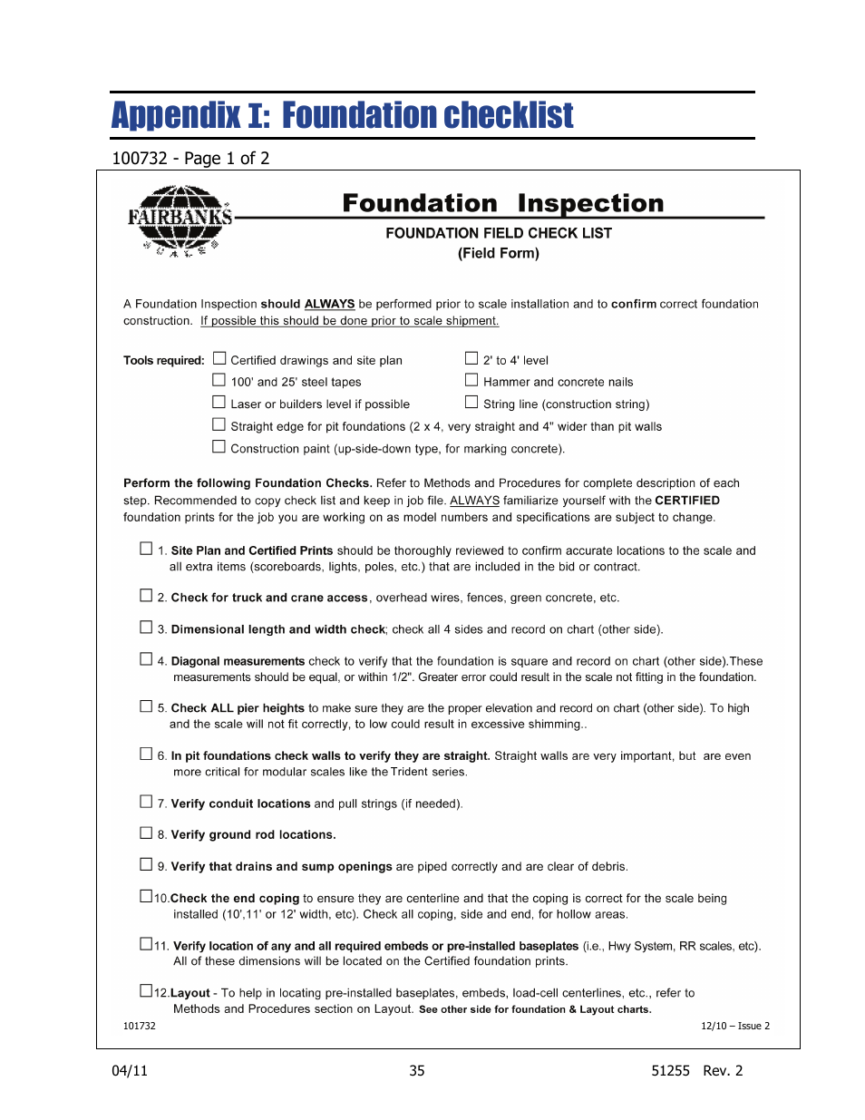 Appendix i: foundation checklist, Appendix i : foundation checklist | Fairbanks Trident Precast Concrete Deck Truck Scale User Manual | Page 35 / 40