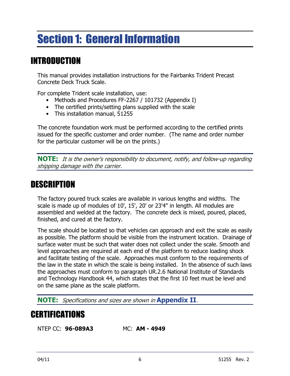 Section 1: general information, Introduction, Description | Certifications | Fairbanks Trident Precast Concrete Deck Truck Scale User Manual | Page 6 / 40