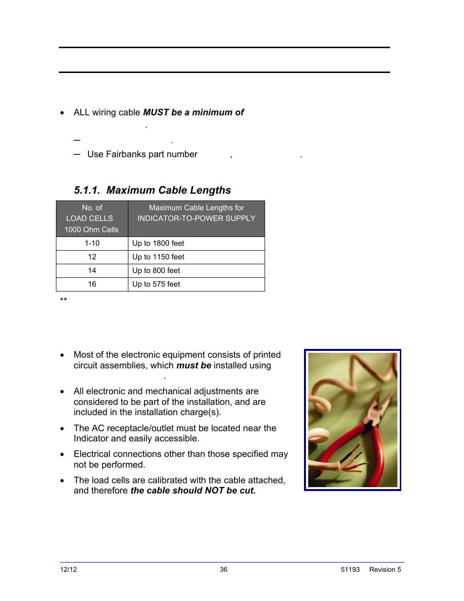 Section 5: electrical installation, Wiring information, Maximum cable lengths | Electronic component care, 18 awg, with individually shielded pairs | Fairbanks Tundra Series Truck Scale User Manual | Page 36 / 55