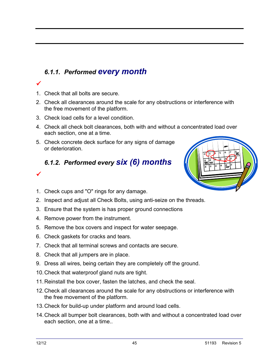 Section 6: service & maintenance, Recommended preventive maintenance schedule, Performed every month | Performed every six (6) months, Every month, Six (6) months | Fairbanks Tundra Series Truck Scale User Manual | Page 45 / 55