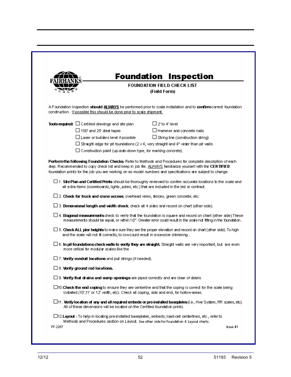 Appendix ii: foundation check list | Fairbanks Tundra Series Truck Scale User Manual | Page 52 / 55