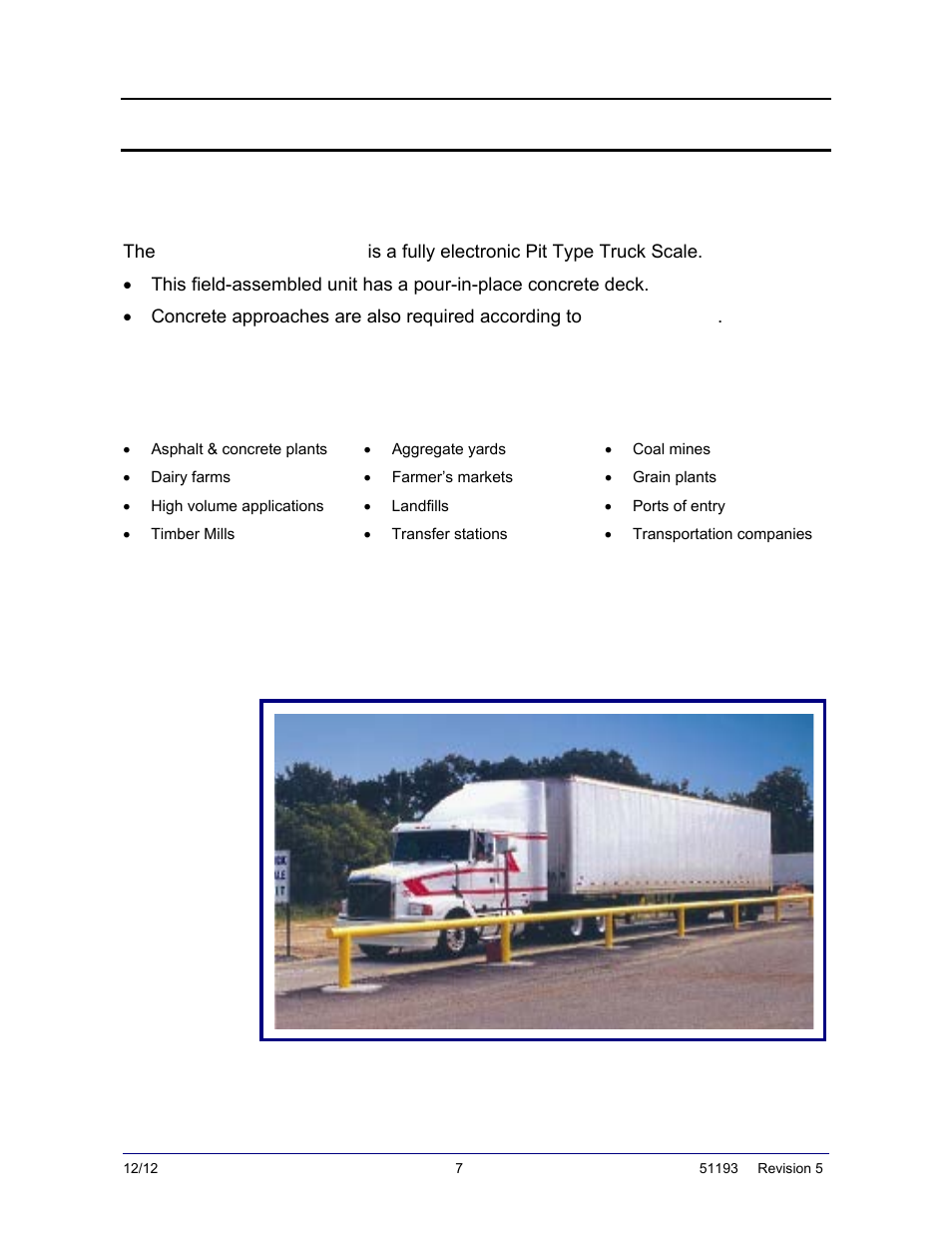Section 1: general information, Scale descriptions, Scale applications | Tundra truck scale | Fairbanks Tundra Series Truck Scale User Manual | Page 7 / 55