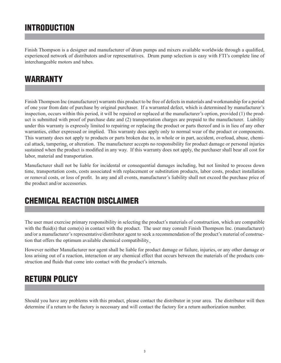Introduction, Warranty, Return policy | Chemical reaction disclaimer | Finish Thompson HVDP SERIES User Manual | Page 3 / 12