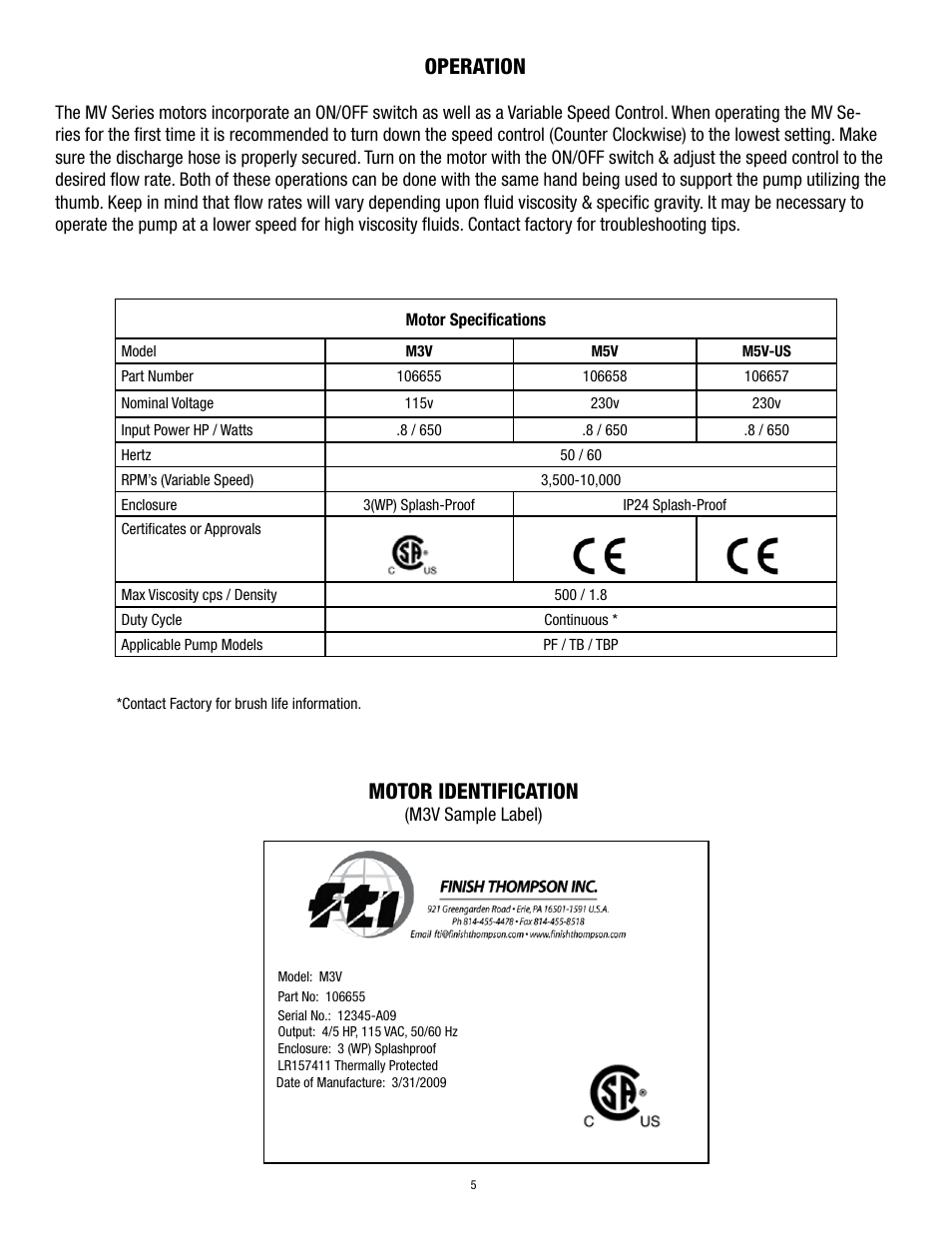 Operation, Motor identification | Finish Thompson M3V-UK 103013 & up User Manual | Page 7 / 8