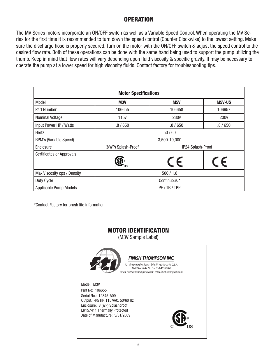 Operation, Motor identification | Finish Thompson M5V 102972 & under User Manual | Page 7 / 8