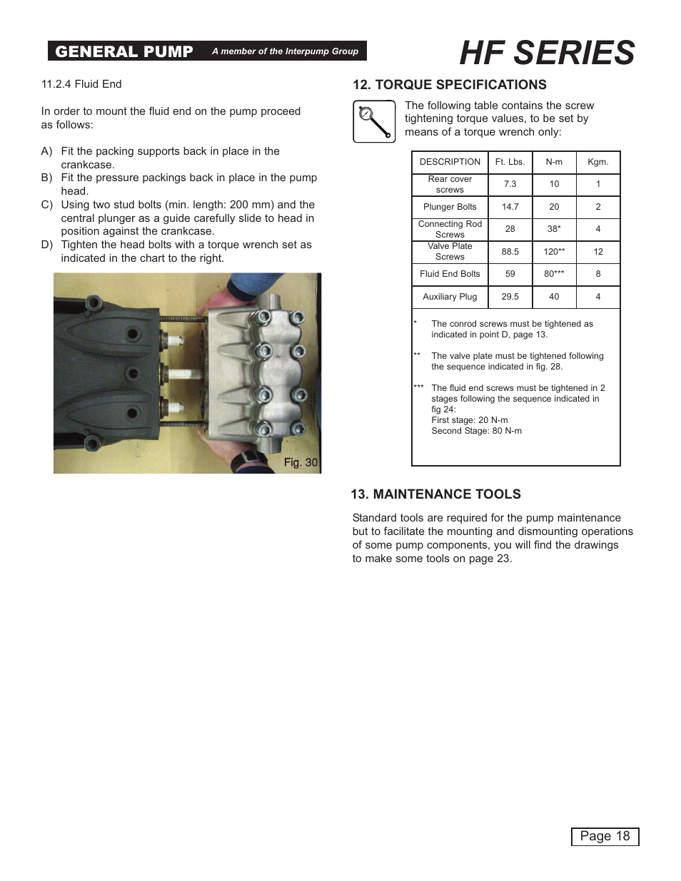 Hf series, General pump, Page 18 | Torque specifications, Maintenance tools | General Pump HF Owner Manual User Manual | Page 18 / 24