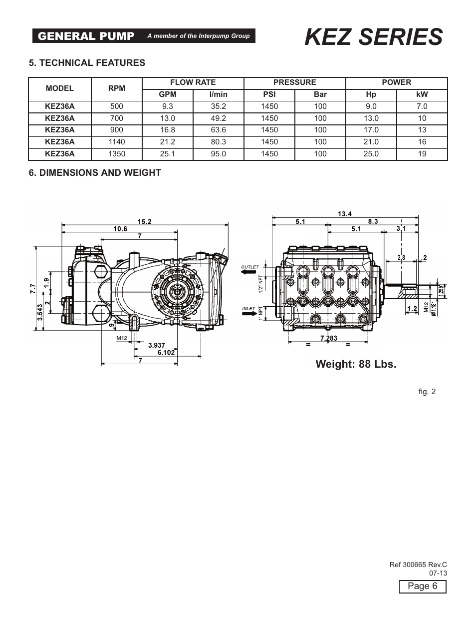 Kez series, General pump, Weight: 88 lbs | General Pump KEZ Owner Manual v.2 User Manual | Page 6 / 17