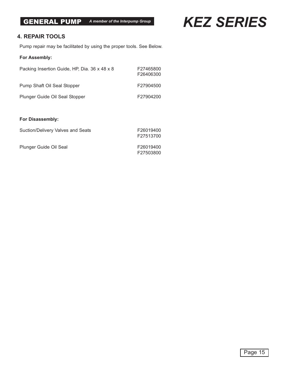 Kez series, General pump | General Pump KEZ Repair Manual User Manual | Page 15 / 16