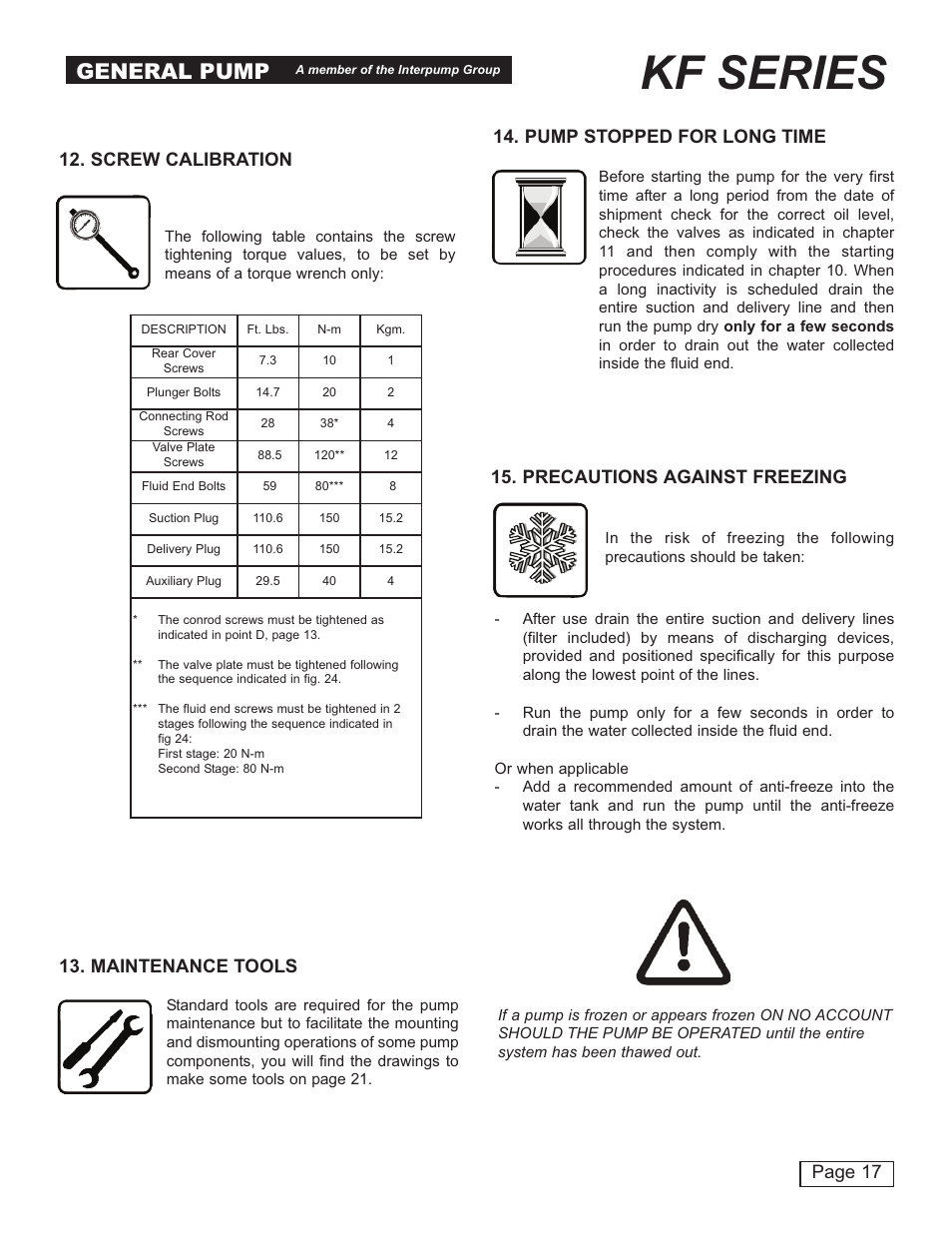 Kf series, General pump, Page 17 | Screw calibration 13. maintenance tools, Pump stopped for long time, Precautions against freezing | General Pump KF Owner Manual User Manual | Page 17 / 22