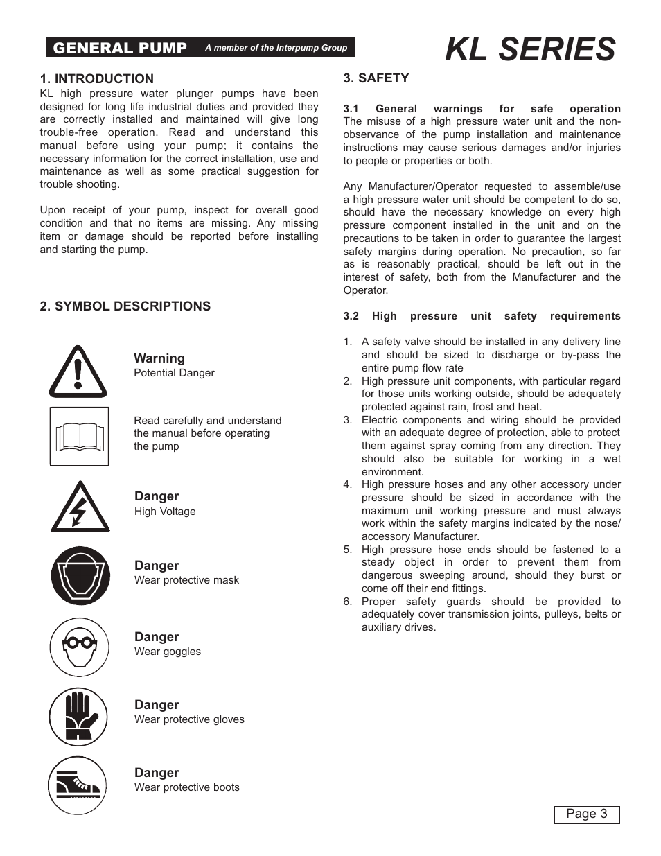 Kl series, General pump | General Pump KL User Manual | Page 3 / 19