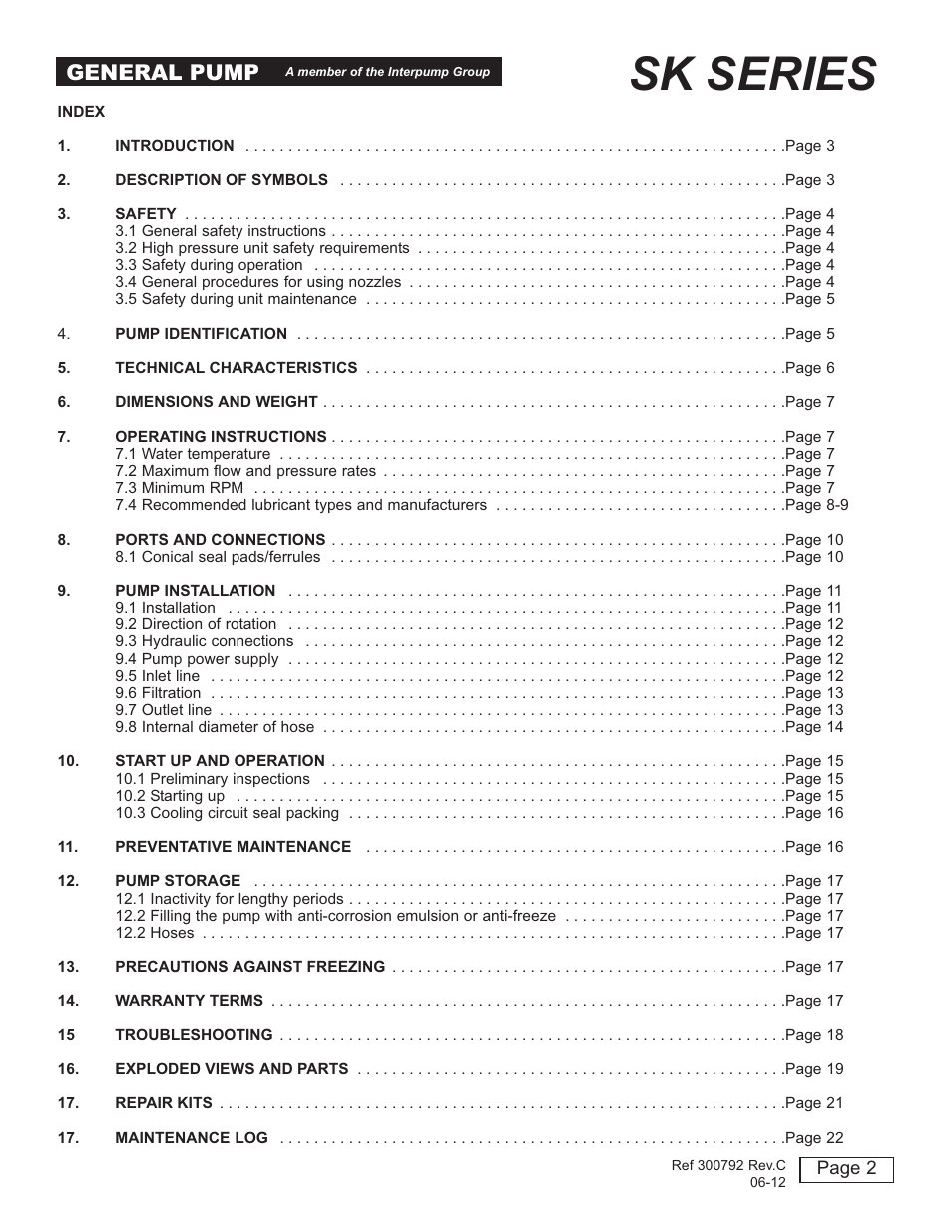 Sk series, General pump | General Pump SK Owner Manual User Manual | Page 2 / 22