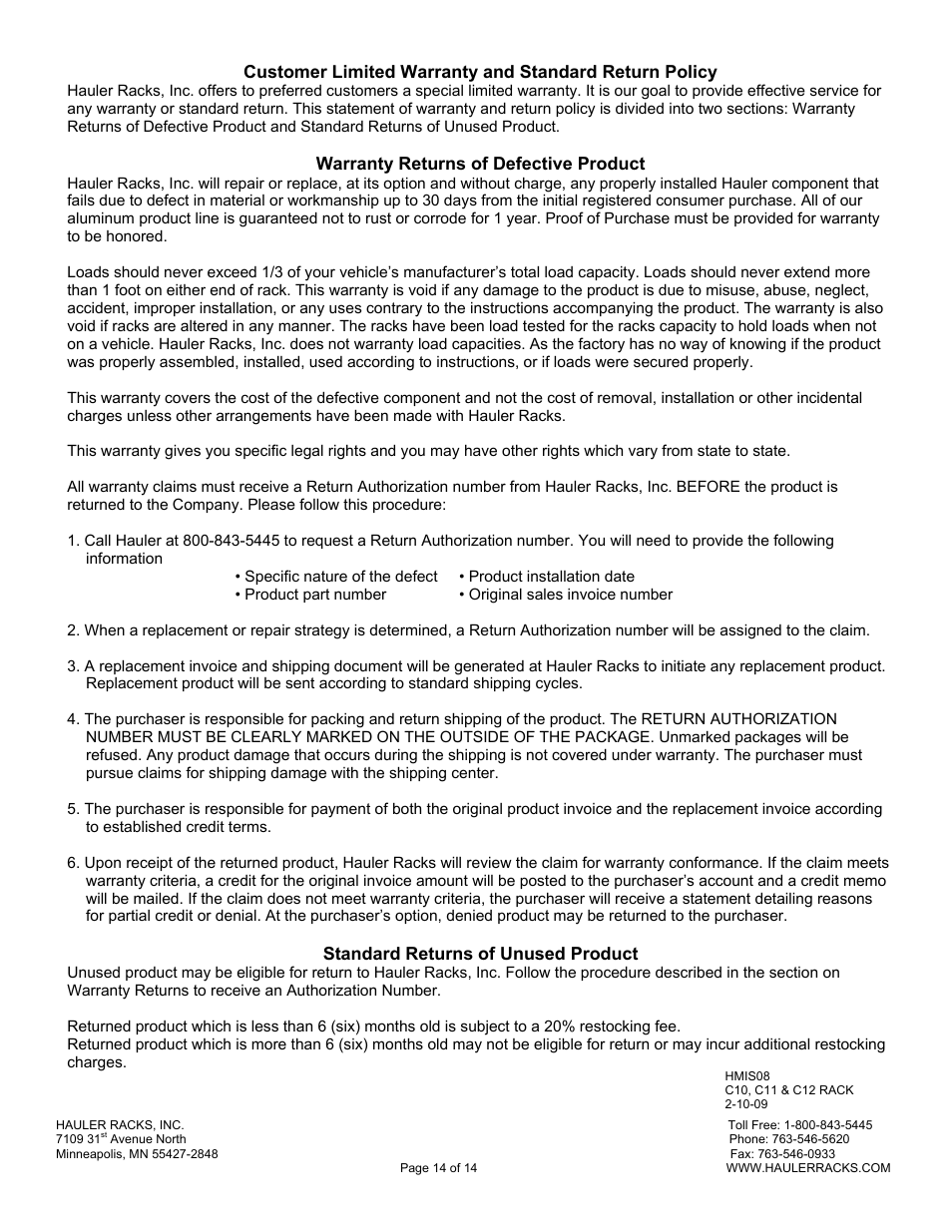 Hauler Racks C-12 SERIES RACKS User Manual | Page 14 / 14
