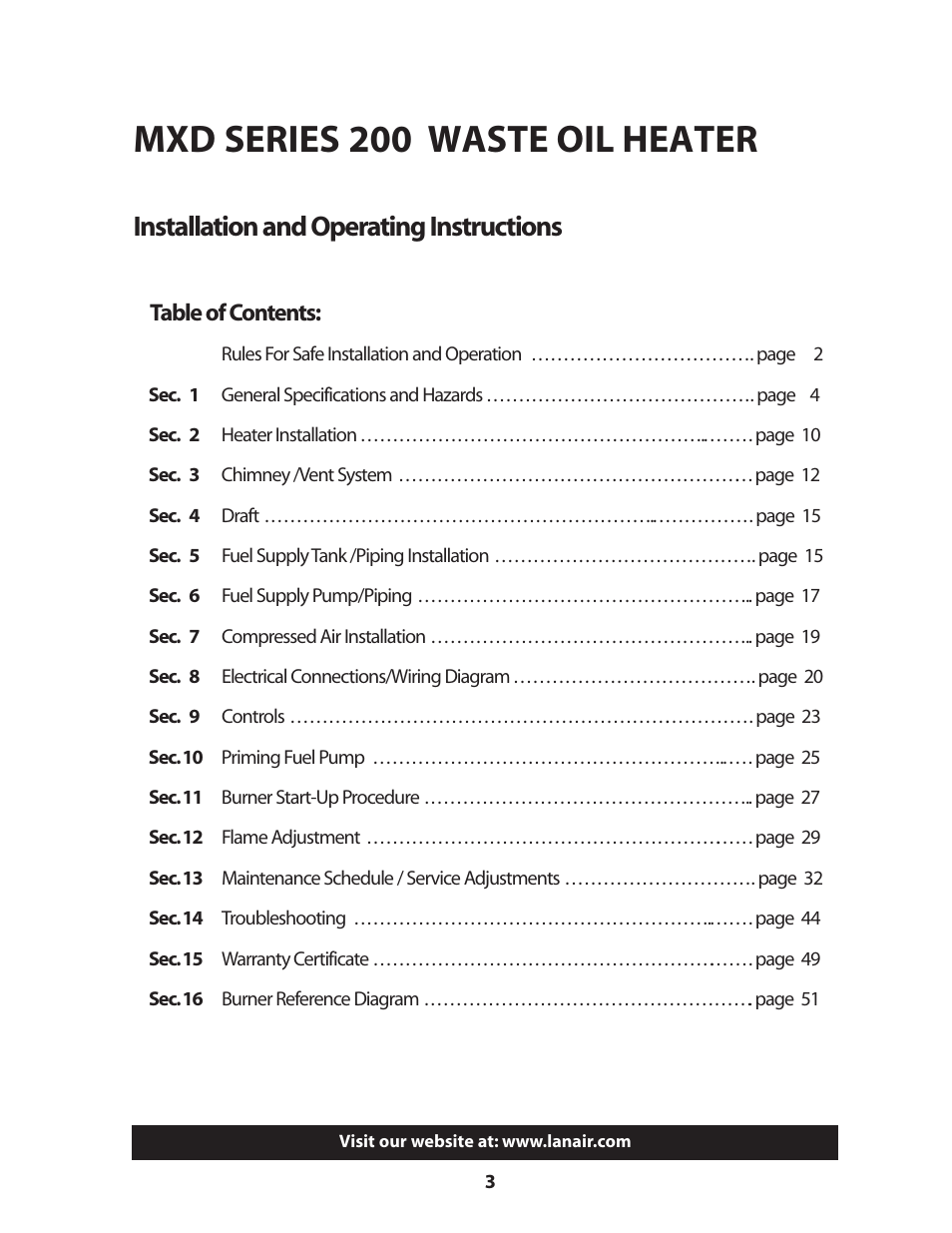 Mxd series 200 waste oil heater, Installation and operating instructions | Lanair MXD200 User Manual | Page 3 / 56