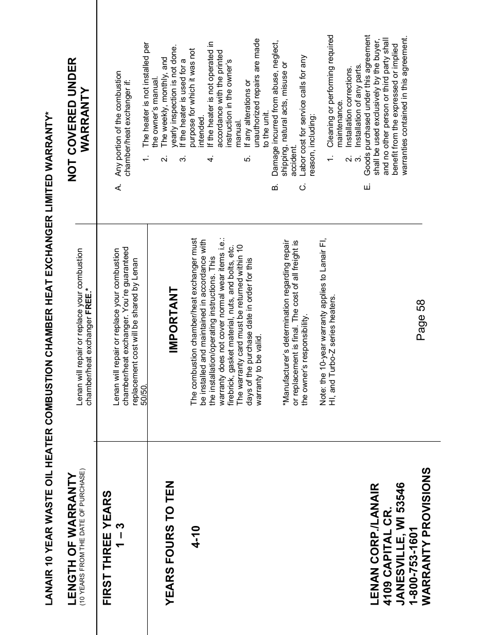 Length of warranty, First three years 1 – 3, Years fours to ten 4-10 | Important, Page 58 not covered under warranty | Lanair HI140i User Manual | Page 79 / 90
