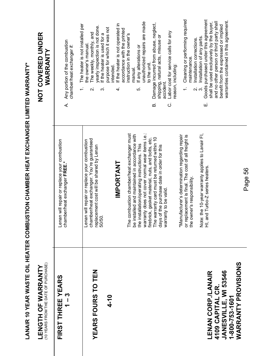 Length of warranty, First three years 1 – 3, Years fours to ten 4-10 | Important, Page 56 not covered under warranty | Lanair HI320 User Manual | Page 77 / 88