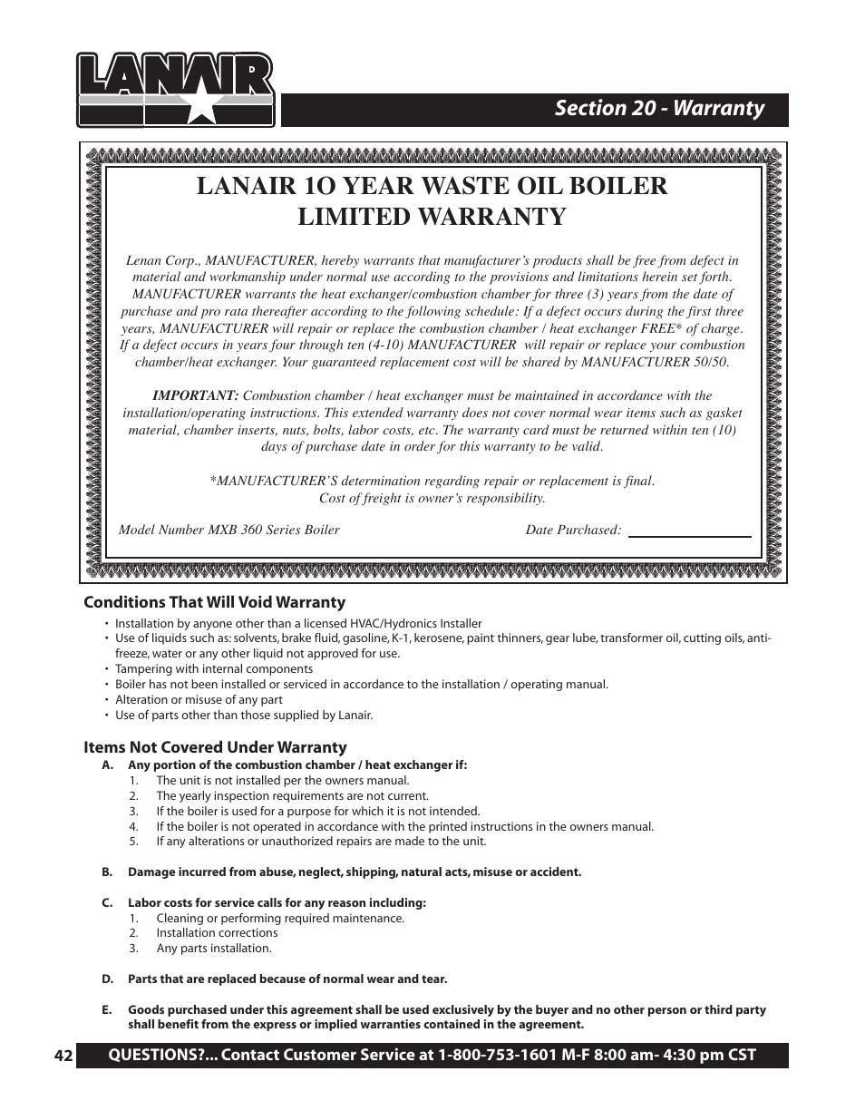 Lanair 1o year waste oil boiler limited warranty | Lanair MXB360 User Manual | Page 42 / 44