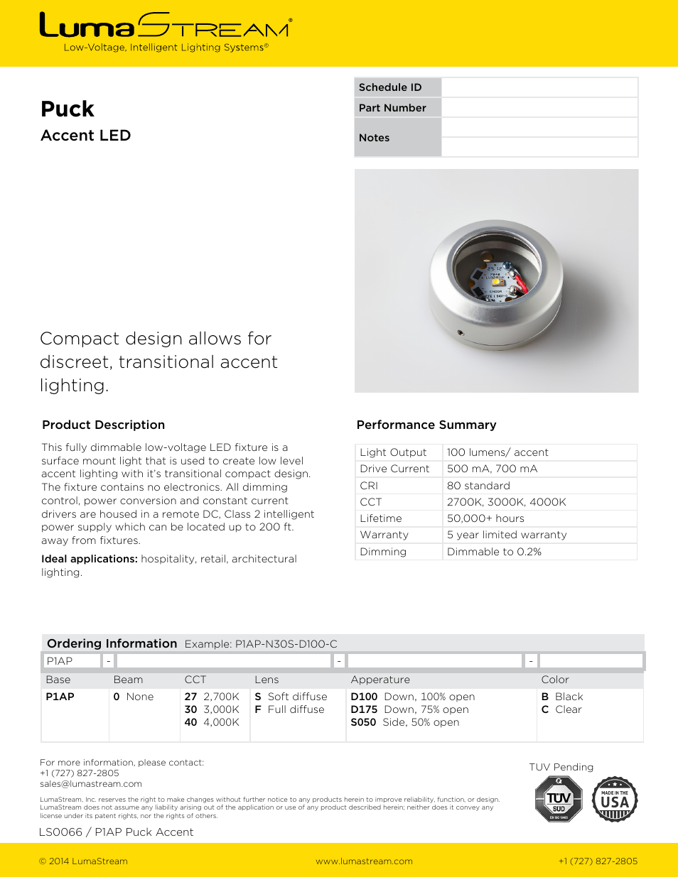 LumaStream Puck- Accent LED User Manual | 1 page