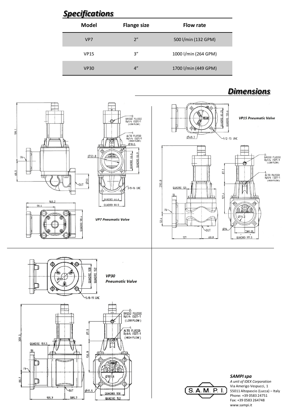 Diapositiva numero 2, Specifications dimensions | SAMPI VP-Series Pneumatic Valves User Manual | Page 2 / 2