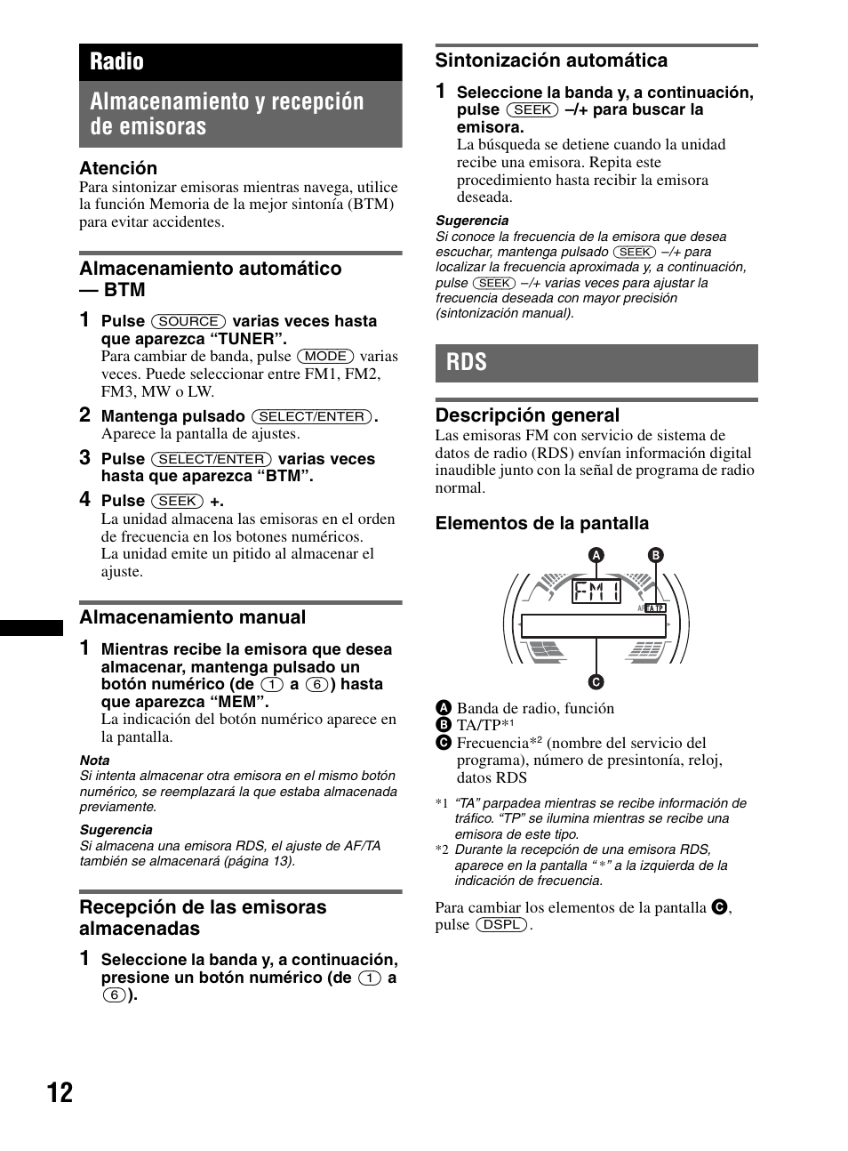 Radio, Almacenamiento y recepción de emisoras, Almacenamiento automático - btm | Almacenamiento manual, Recepción de las emisoras almacenadas, Sintonización automática, Descripción general, Radio almacenamiento y recepción de emisoras | Sony CDX-HR910UI User Manual | Page 66 / 168
