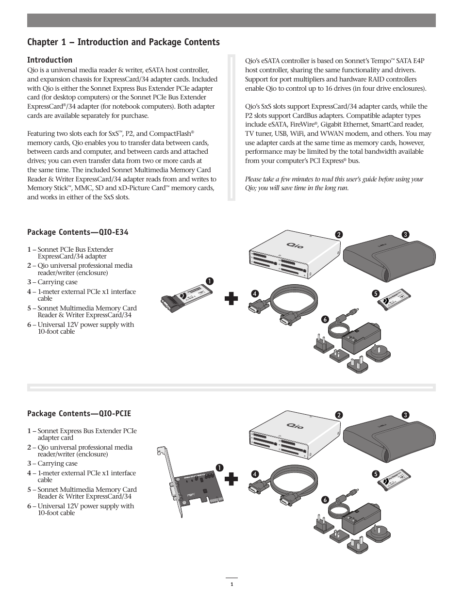 Chapter 1 – introduction and package contents, Package contents—qio-e34, Package contents—qio-pcie | Introduction | Sonnet Technologies Qio Windows User Manual | Page 5 / 16