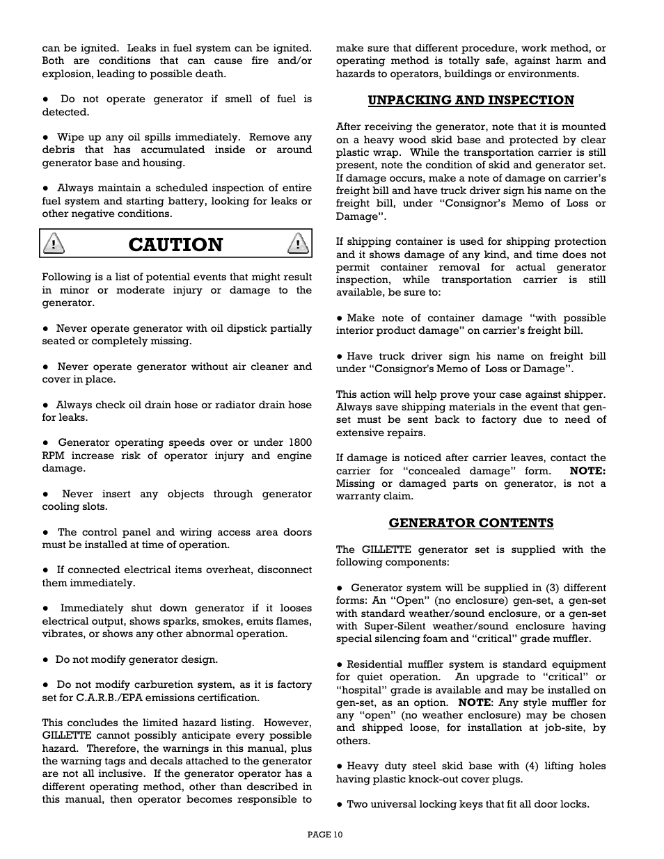 Caution | Gillette Generators SP-1500 User Manual | Page 10 / 30