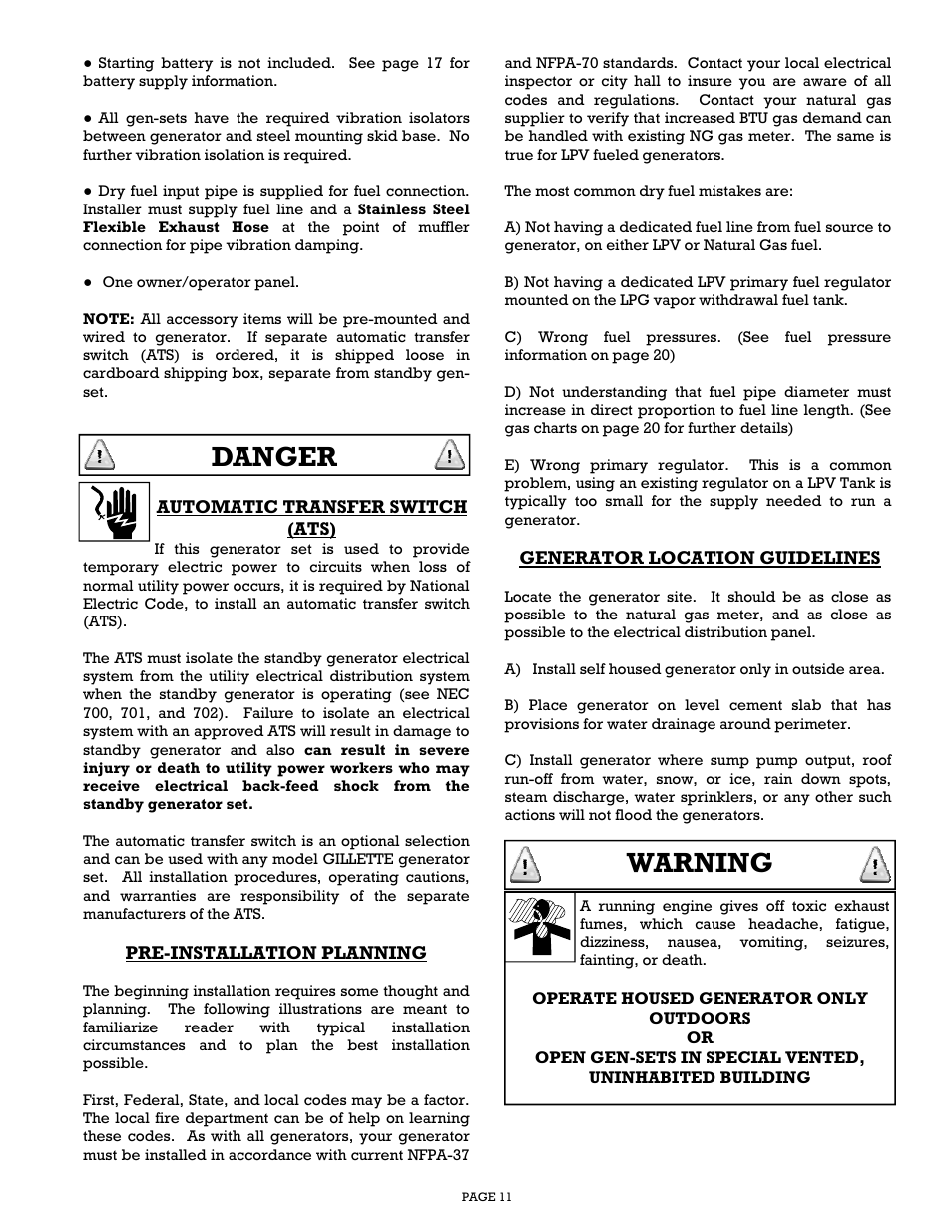Danger, Warning | Gillette Generators SP-1500 User Manual | Page 11 / 30