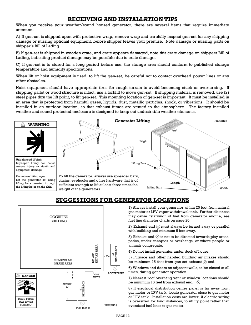 Warning, Generator lifting | Gillette Generators SP-1500 User Manual | Page 12 / 30