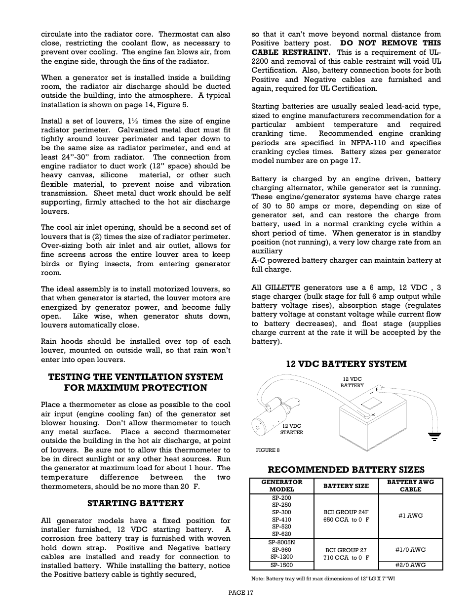 Starting battery, Recommended battery sizes, 12 vdc battery system | Gillette Generators SP-1500 User Manual | Page 17 / 30