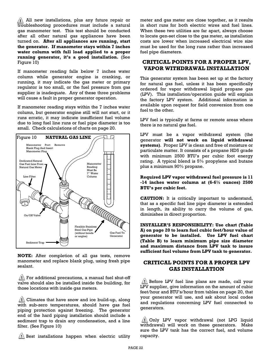 Critical points for a proper lpv gas installation | Gillette Generators SP-1500 User Manual | Page 22 / 30
