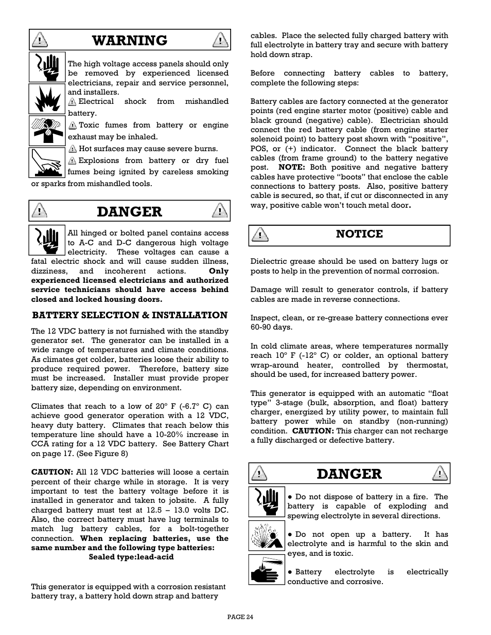 Warning, Danger, Notice | Gillette Generators SP-1500 User Manual | Page 24 / 30
