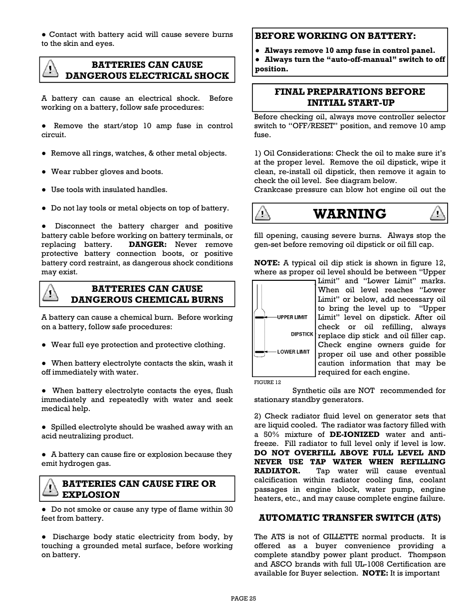 Warning | Gillette Generators SP-1500 User Manual | Page 25 / 30