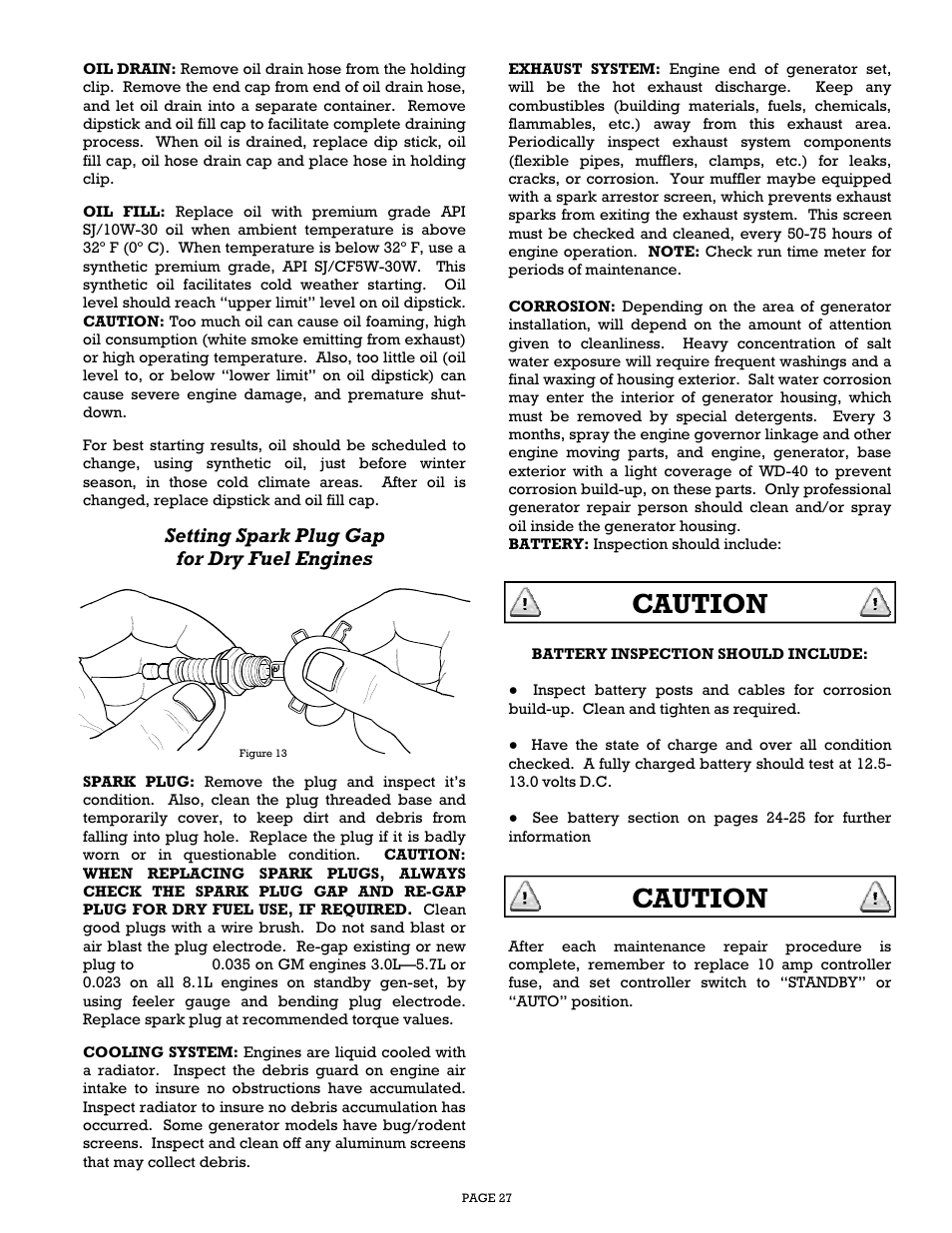 Caution, Setting spark plug gap for dry fuel engines | Gillette Generators SP-1500 User Manual | Page 27 / 30