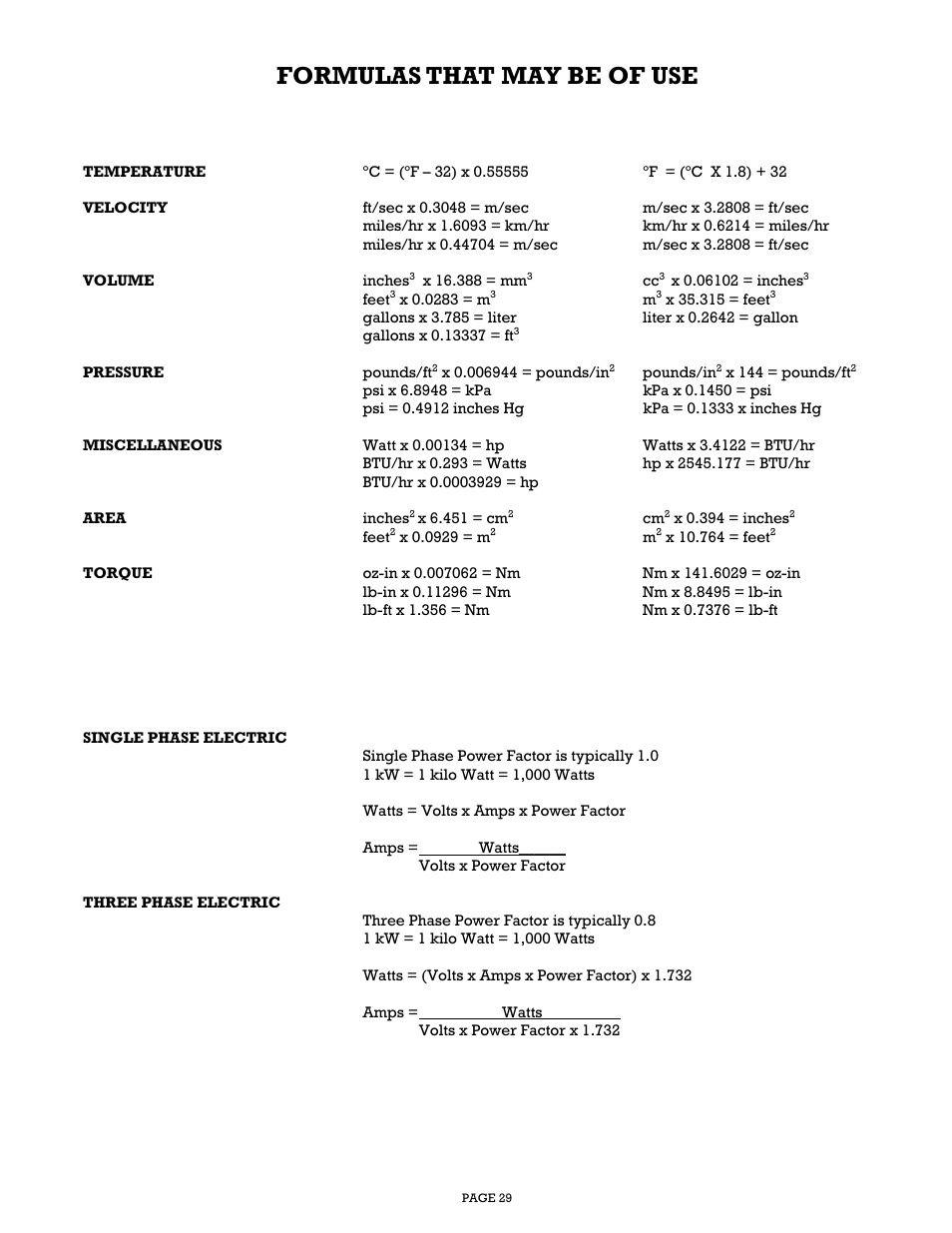 Formulas that may be of use | Gillette Generators SP-1500 User Manual | Page 29 / 30