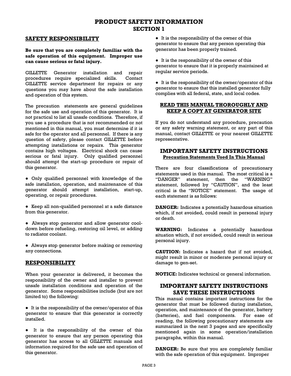 Product safety information | Gillette Generators SP-1500 User Manual | Page 3 / 30